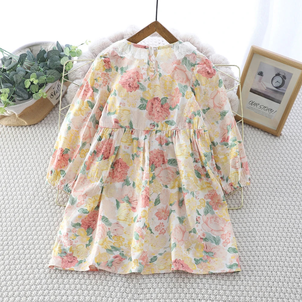 Fashionable Girls Dress French Lace Long-sleeved Dress Autumn Round Neck Printed Casual Dress For Girls Clothes