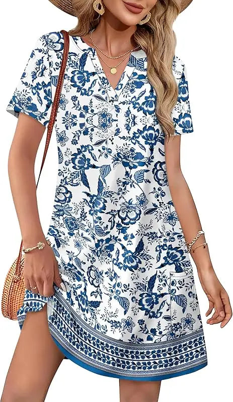 Fashion Dresses for Women 2025 Casual Summer V Neck Wedding Guest Dress Short Sleeve Fashion Beach Vacation Clothes