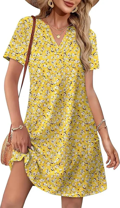 Fashion Dresses for Women 2025 Casual Summer V Neck Wedding Guest Dress Short Sleeve Fashion Beach Vacation Clothes