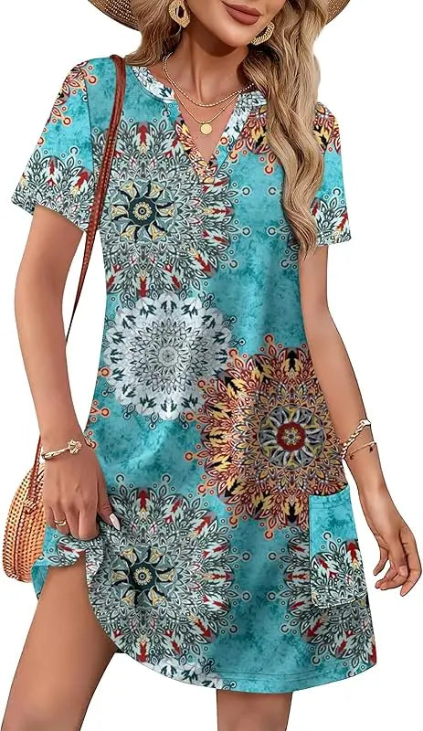 Fashion Dresses for Women 2025 Casual Summer V Neck Wedding Guest Dress Short Sleeve Fashion Beach Vacation Clothes