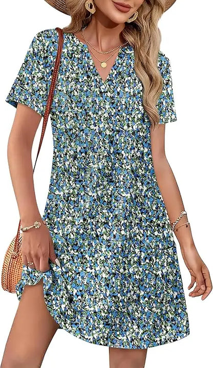 Fashion Dresses for Women 2025 Casual Summer V Neck Wedding Guest Dress Short Sleeve Fashion Beach Vacation Clothes