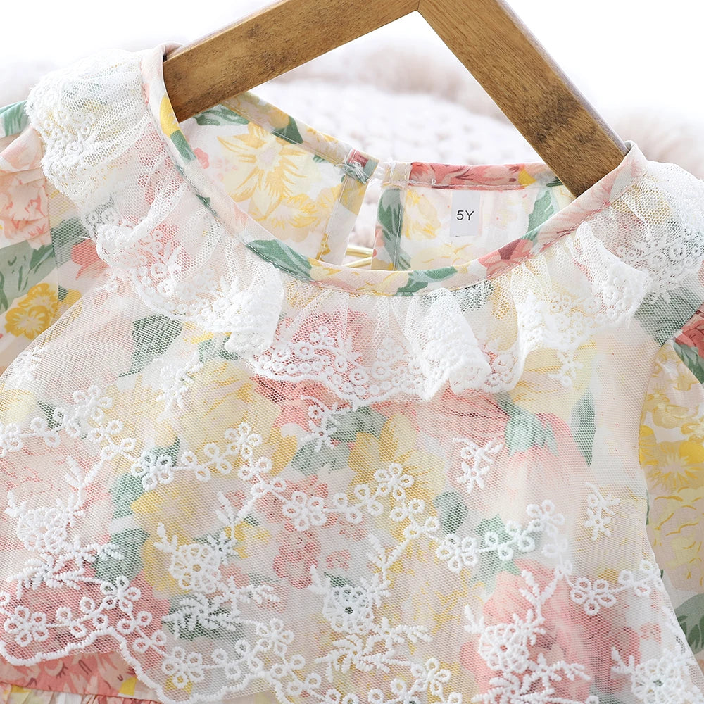 Fashionable Girls Dress French Lace Long-sleeved Dress Autumn Round Neck Printed Casual Dress For Girls Clothes
