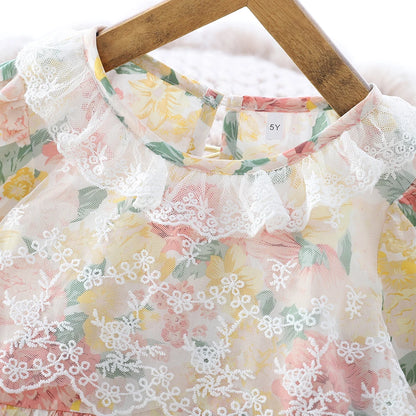 Fashionable Girls Dress French Lace Long-sleeved Dress Autumn Round Neck Printed Casual Dress For Girls Clothes