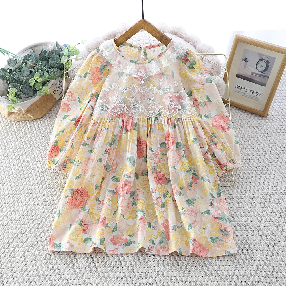 Fashionable Girls Dress French Lace Long-sleeved Dress Autumn Round Neck Printed Casual Dress For Girls Clothes