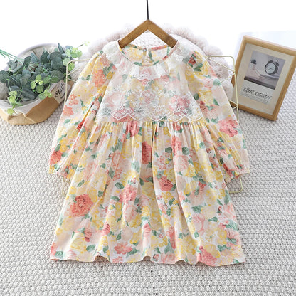 Fashionable Girls Dress French Lace Long-sleeved Dress Autumn Round Neck Printed Casual Dress For Girls Clothes