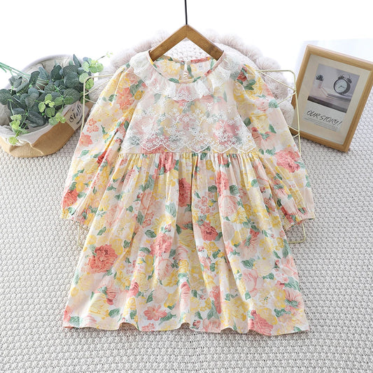 Fashionable Girls Dress French Lace Long-sleeved Dress Autumn Round Neck Printed Casual Dress For Girls Clothes