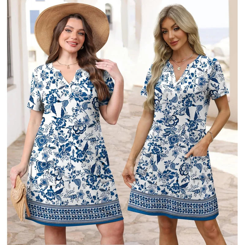 Fashion Dresses for Women 2025 Casual Summer V Neck Wedding Guest Dress Short Sleeve Fashion Beach Vacation Clothes