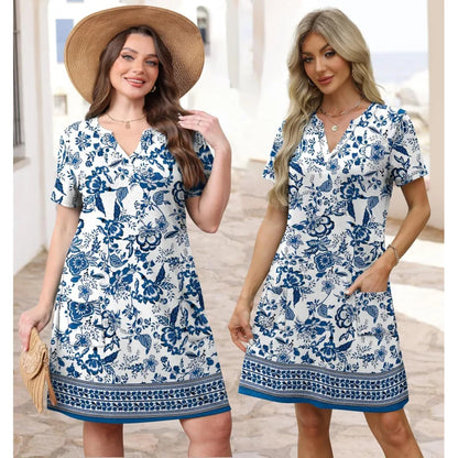 Fashion Dresses for Women 2025 Casual Summer V Neck Wedding Guest Dress Short Sleeve Fashion Beach Vacation Clothes