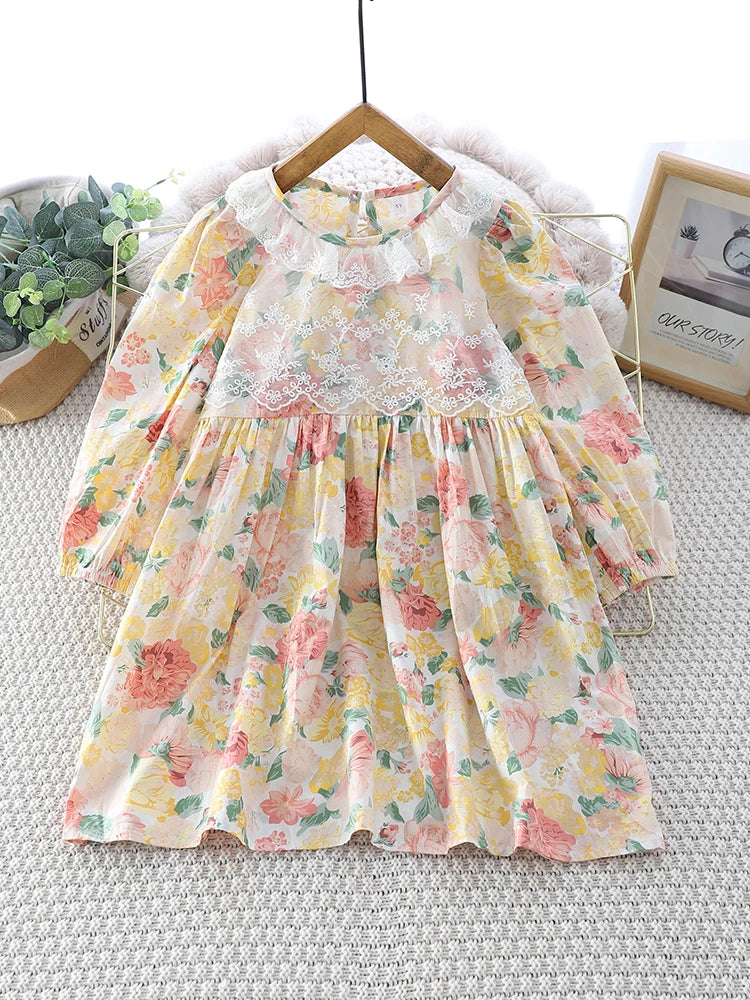 Fashionable Girls Dress French Lace Long-sleeved Dress Autumn Round Neck Printed Casual Dress For Girls Clothes