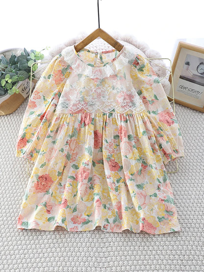 Fashionable Girls Dress French Lace Long-sleeved Dress Autumn Round Neck Printed Casual Dress For Girls Clothes