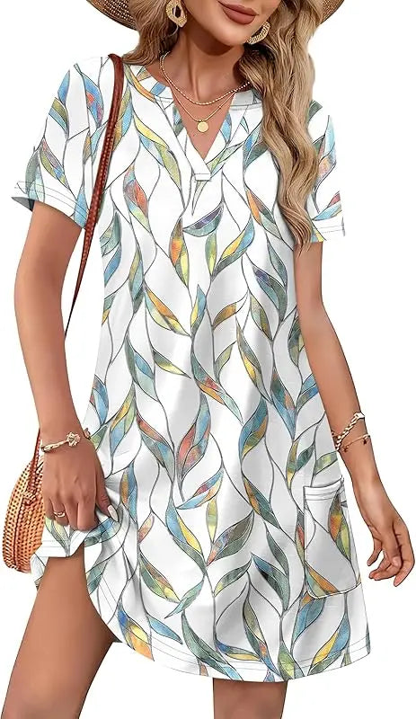 Fashion Dresses for Women 2025 Casual Summer V Neck Wedding Guest Dress Short Sleeve Fashion Beach Vacation Clothes