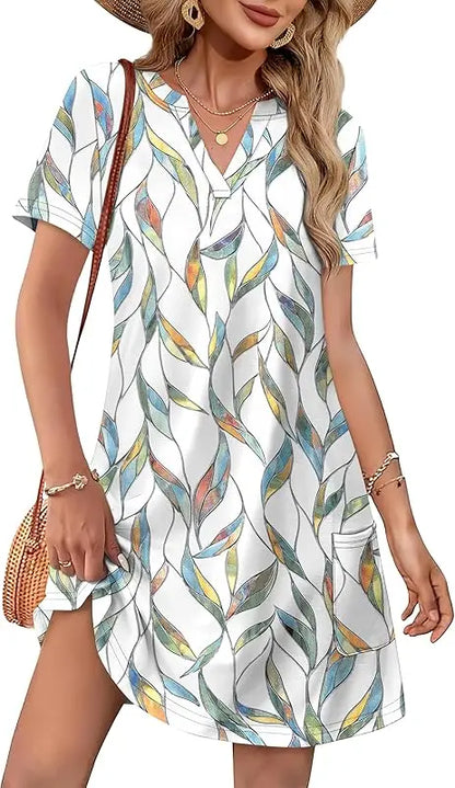 Fashion Dresses for Women 2025 Casual Summer V Neck Wedding Guest Dress Short Sleeve Fashion Beach Vacation Clothes