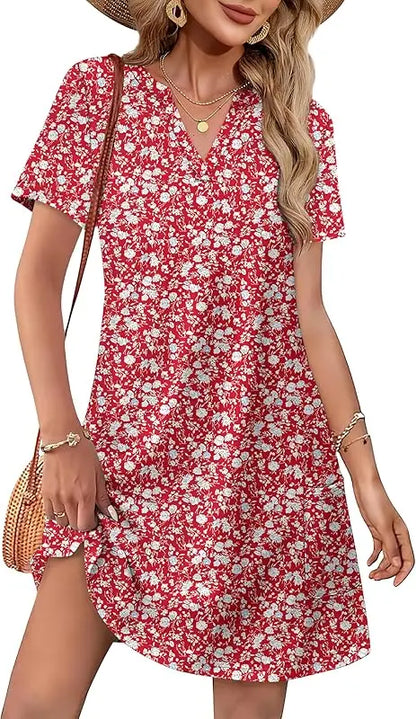 Fashion Dresses for Women 2025 Casual Summer V Neck Wedding Guest Dress Short Sleeve Fashion Beach Vacation Clothes
