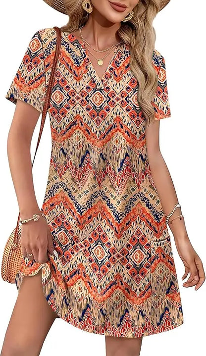 Fashion Dresses for Women 2025 Casual Summer V Neck Wedding Guest Dress Short Sleeve Fashion Beach Vacation Clothes