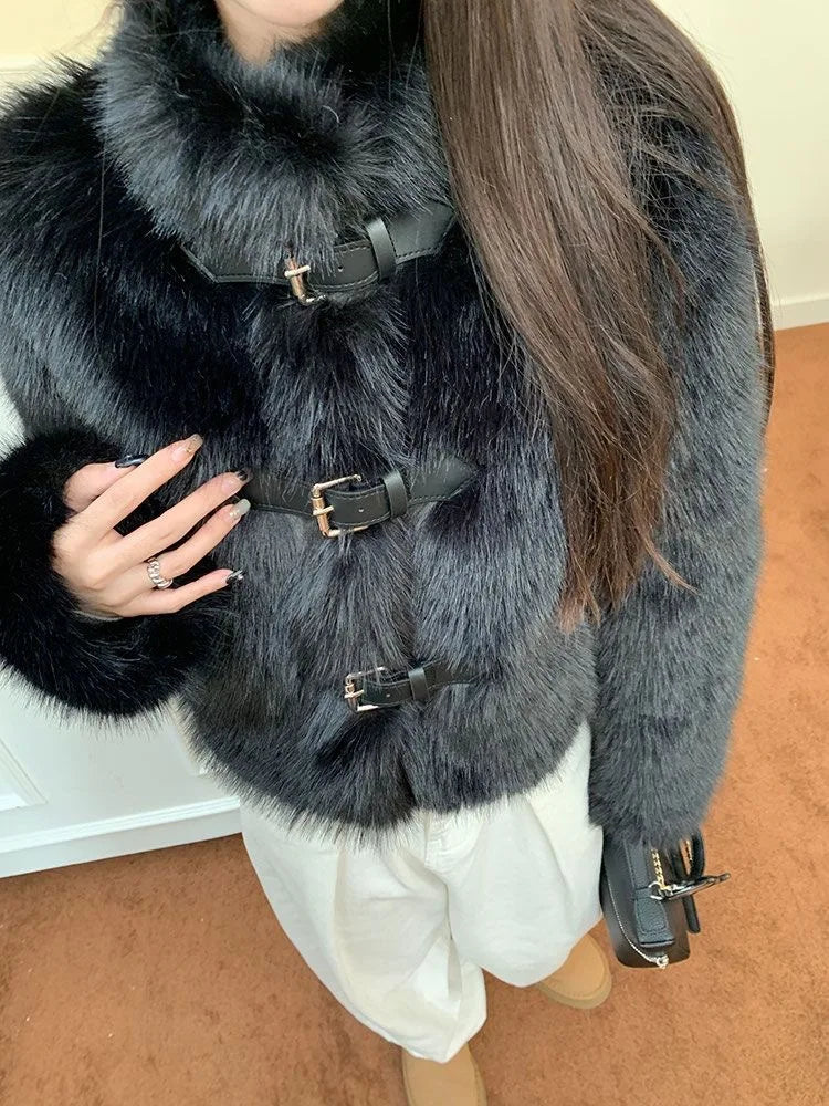 Korean Fashion Black Elegant Belt Button Fall Autumn Winter Warm Furry Coat Imitation Mink Velvet High Street Outwear