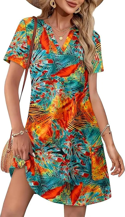 Fashion Dresses for Women 2025 Casual Summer V Neck Wedding Guest Dress Short Sleeve Fashion Beach Vacation Clothes